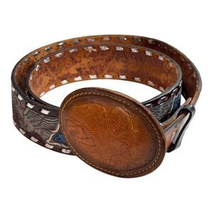Vintage Western Leather Belt + Buckle Eagle & Floral Design 38 Brown Blue READ